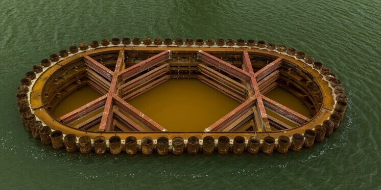 Coffer Dam on a River during Bridge Construction - cropped 2179883619