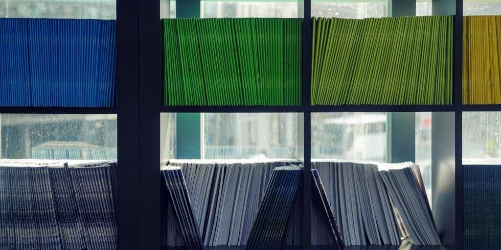 documents on a shelf